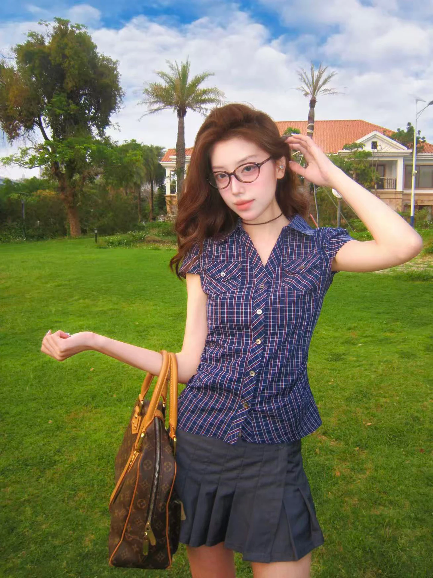 

UnderStress Plaid Collar Slim Fit Short Sleeve Casual Shirt Women's Cotton Pure Spring Summer Fashion Design Waist Cinch