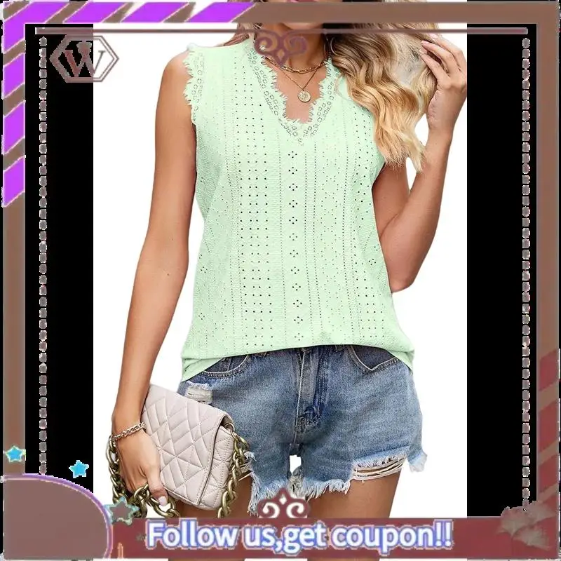 

A95D-Классическая жаккардовая майка, женский жилет без рукавов с кружевной аппликацией, однотонная туника с v-образным вырезом