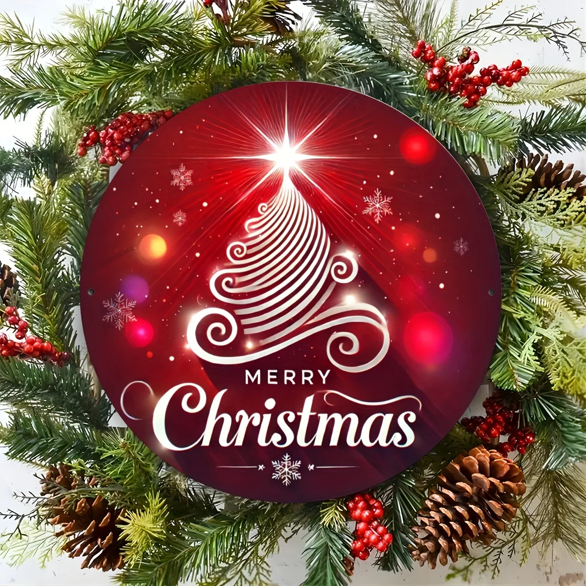 1pc, 2D Flat Printed Merry Christmas Round Metal Tin Sign, Christmas Vintage Round Wreath Sign, Tin Metal Sign Wall Art Decorati