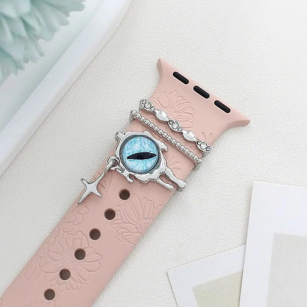 สายรัดโลหะตกแต่งแหวนเครื่องประดับเพชรสร้อยข้อมือตกแต่งตาสีฟ้า Charms เครื่องประดับสําหรับ Apple Watch Band