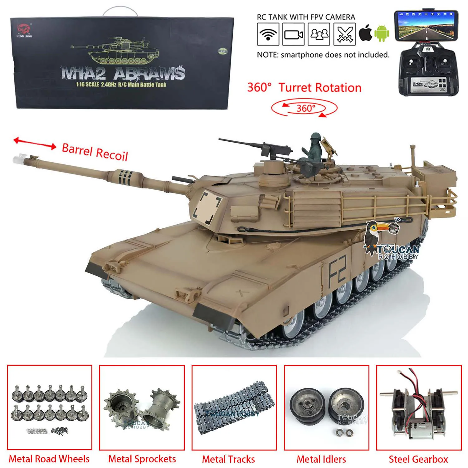 1/16 Heng Long RC Tank 7.0 Customize Model Abrams FPV 3918 360° Turret Barrel Recoil Remote Control Tank Toy TH17805