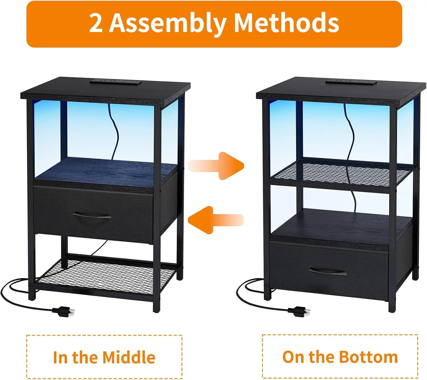 مجموعة حامل ليلي مكونة من قطعتين مع قاعدة شحن، ومنضدة LED مع أدراج قماشية، وطاولة نهائية بلمسة نهائية من البولي يوريثان، وطاولة جانبية للسرير، باللون الأسود #2