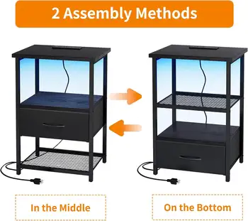 Juego de 2 mesitas de noche con base de carga, mesita de noche LED con cajones de tela, mesa auxiliar con acabado de PU, mesita de noche, color negro 10 best sales Juego de 2 mesitas de noche - №3