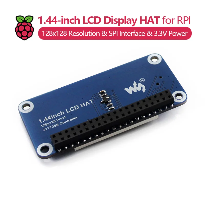 Raspberry Pi 1.44-inch LCD Display HAT, 128x128 resolution, built-in controller, SPI interface, 3.3V power.