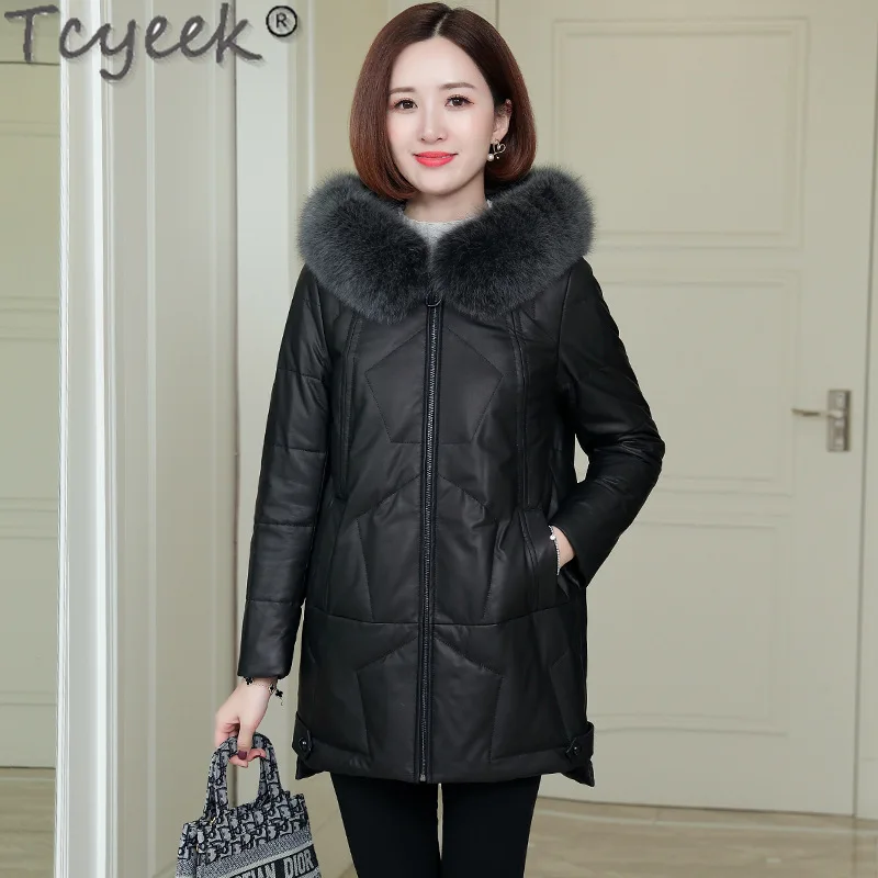 Tcyeek Mid-long Real Leather Jacket Women Clothes Winter Woman Down Coats Elegant Sheepskin Coat Fox Fur Collar Дубленка Женская