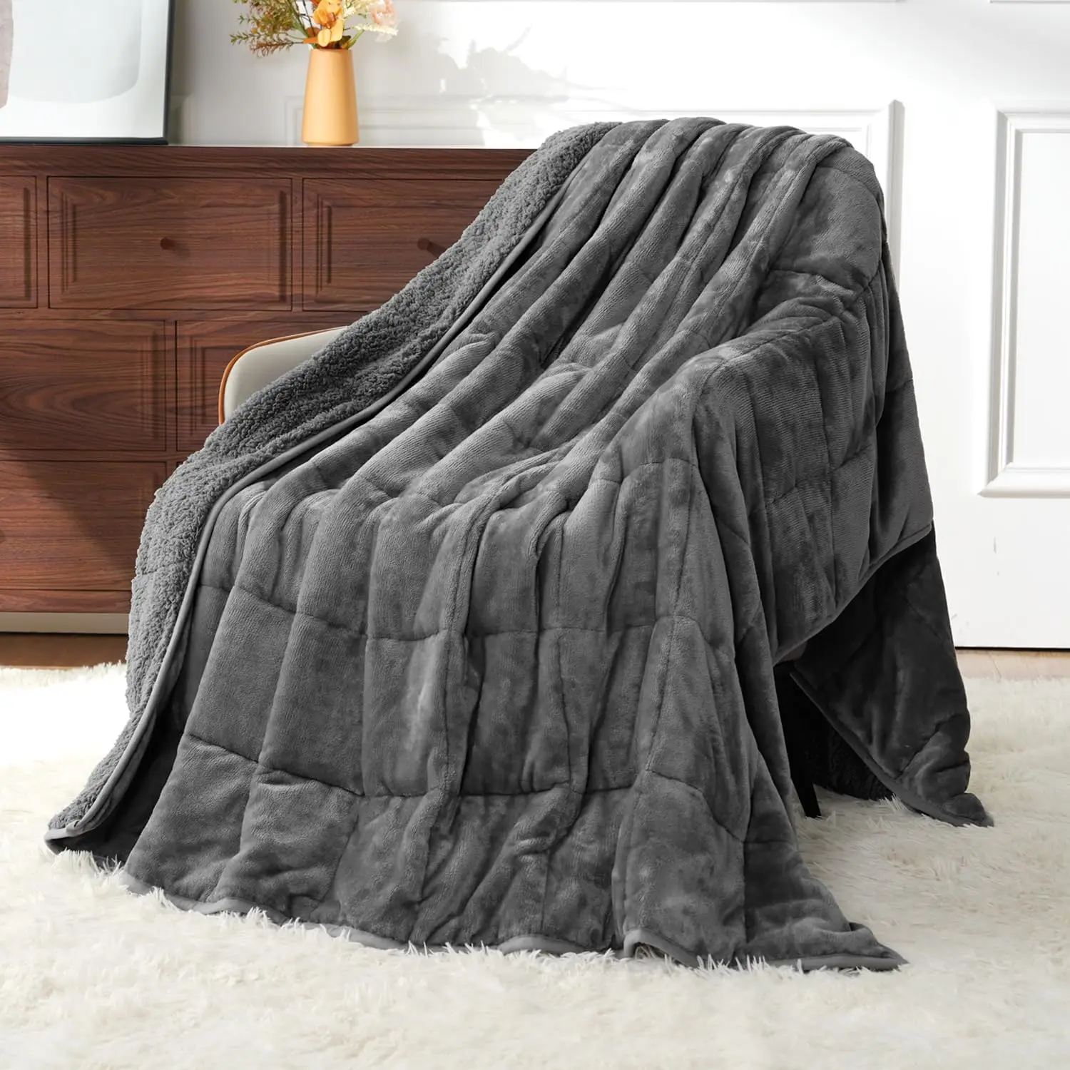 

Queen Size Weighted Blanket 15lbs 60x80 Inches, Soft Plush Fleece and Cozy Sherpa for Warm Sleep, Grey