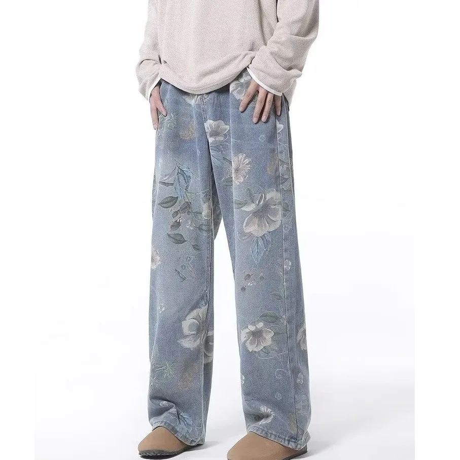 Autumn Hong Kong Style Men Washed Denim Pants Men Trendy Flower Jean Pants Homme Classic Wide Leg Pants Male Streetwear Trousers