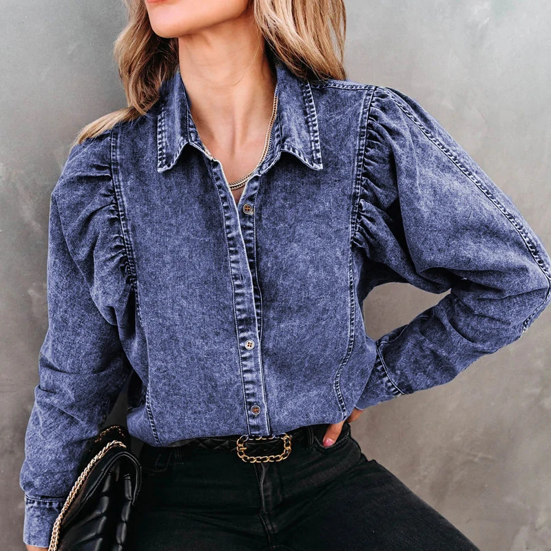 High Street Retro Denim Shirt Tops Women New Autumn Casual Loose Lapel Blouse Tee 2023 Female Single Breasted Solid Office Shirt