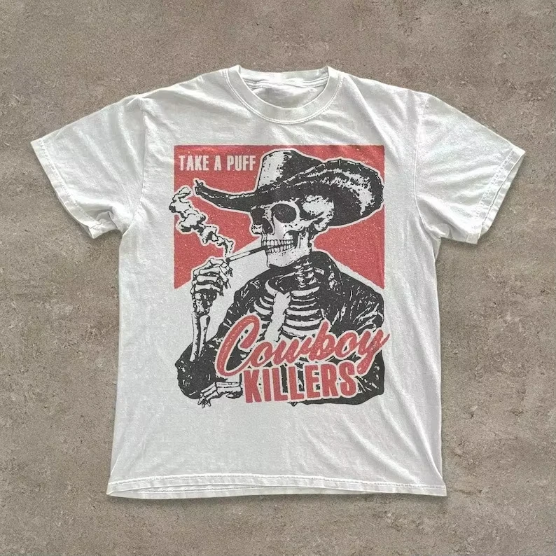 

Summer Men's Letter Funny Skull Print Cotton Round Neck T-shirt Retro White Hip-hop Sports Breathable Short Sleeved Shirt