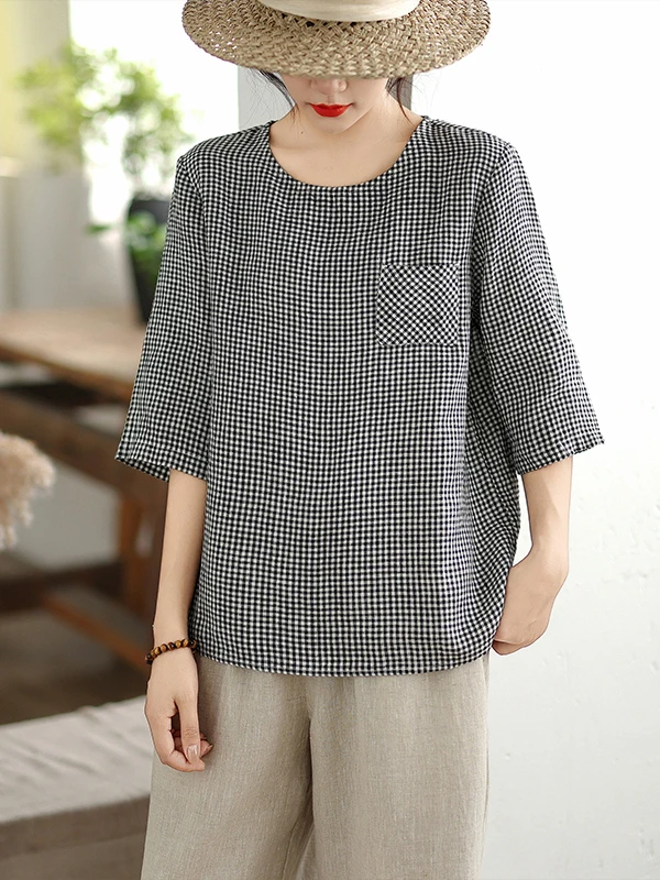 레트로 슬레 여성 캐주얼 컬러 직조 코튼 린넨 루즈 라운드 넥 슬리밍 다용도 루즈핏 여성용 셔츠