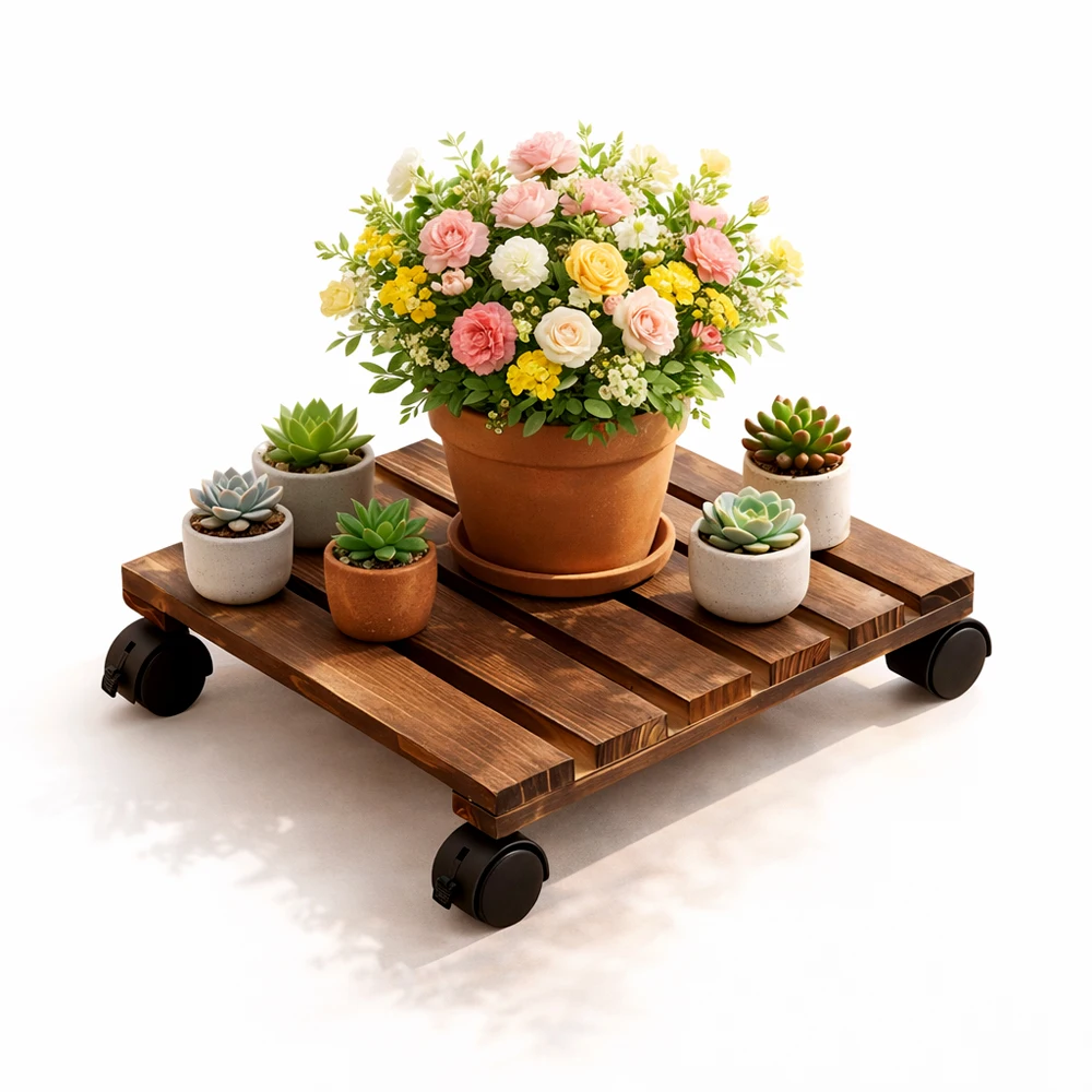 

Heavy Duty Wooden Plant Caddy with Lockable Universal Wheels - Waterproof Rolling Flower Pot Stand for Indoor/Outdoor Use