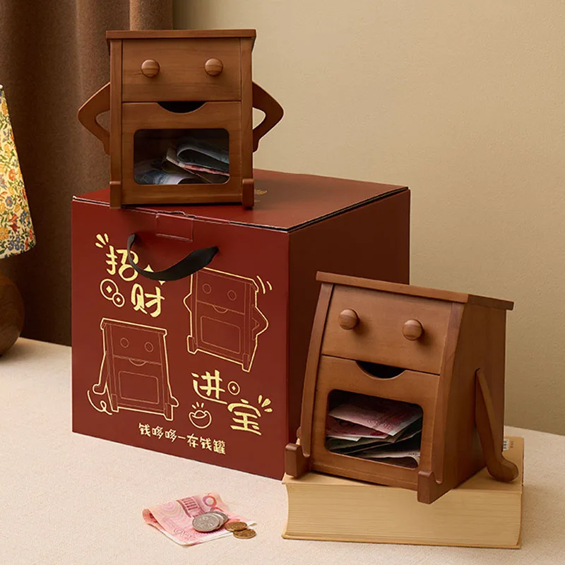 Wooden Money Boxes Safe Cute Children Saving Box Bedroom Decorative Money Box with Lock Vintage Creative Home Piggy Bank