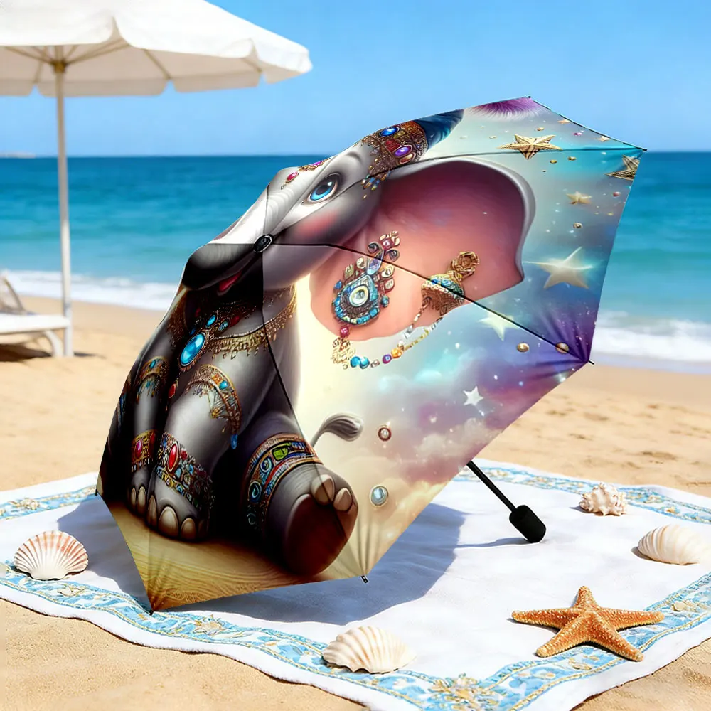 1PC Colorful Umbrella with Adorable Elephant Design by a Lake Print 8 Iron Ribs Folding Umbrella Auto-Open Fashion Sunshade
