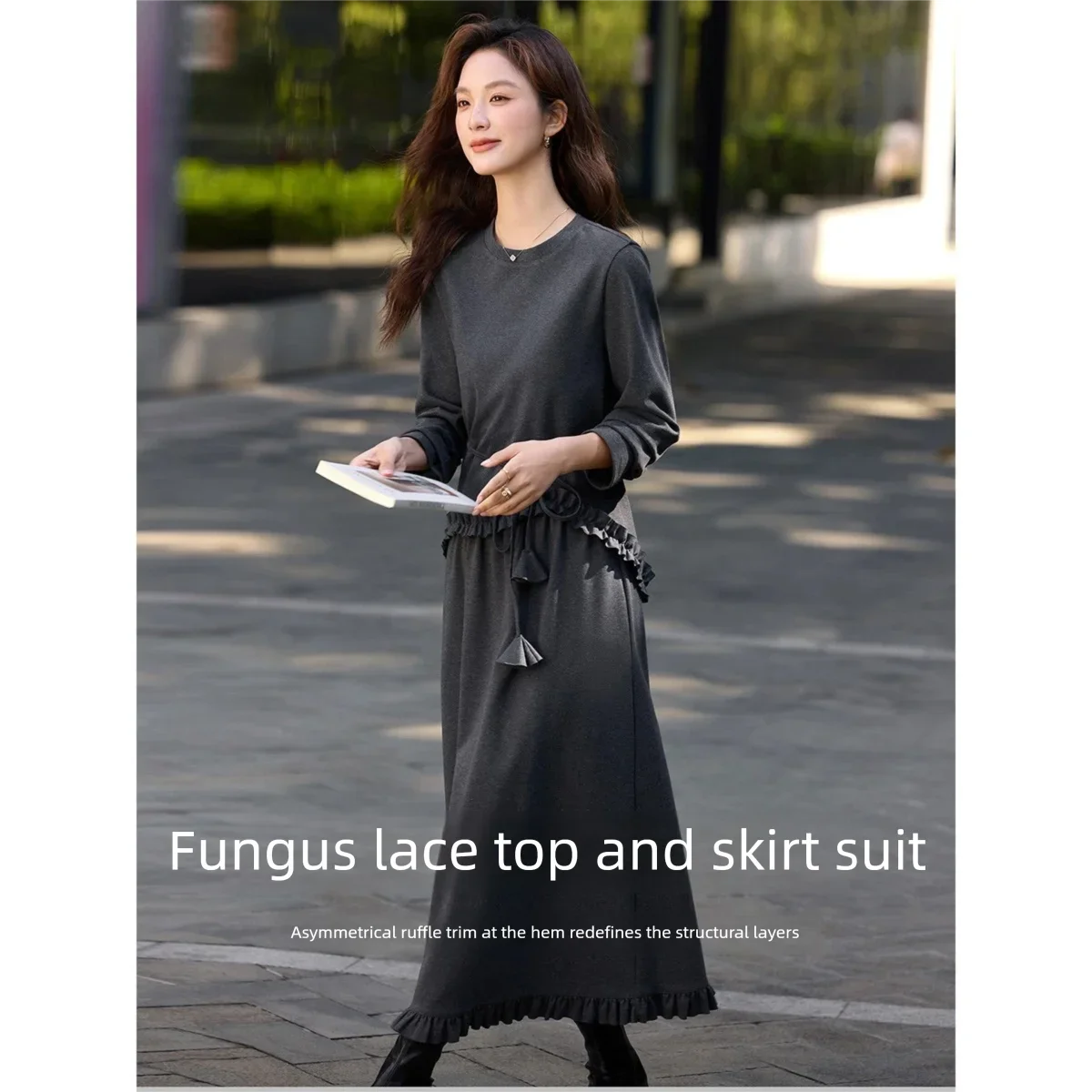 VIMLY Gray Two-piece Set Women 2026 Autumn New Ruffle Elegant Round Neck Pullover Long Skirt Office Lady Matching Outfit A3602 view 2