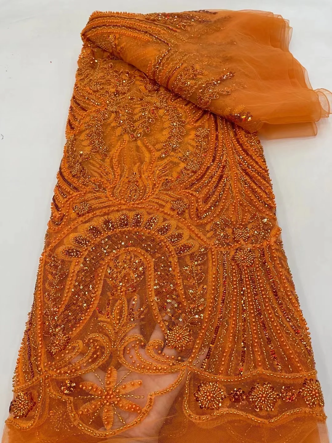 Unique Orange 2022 Elegant African Heavy Beaded Lace Nigerian Sequins Embroidered Mesh Lace Fabric For Wedding Party Dress