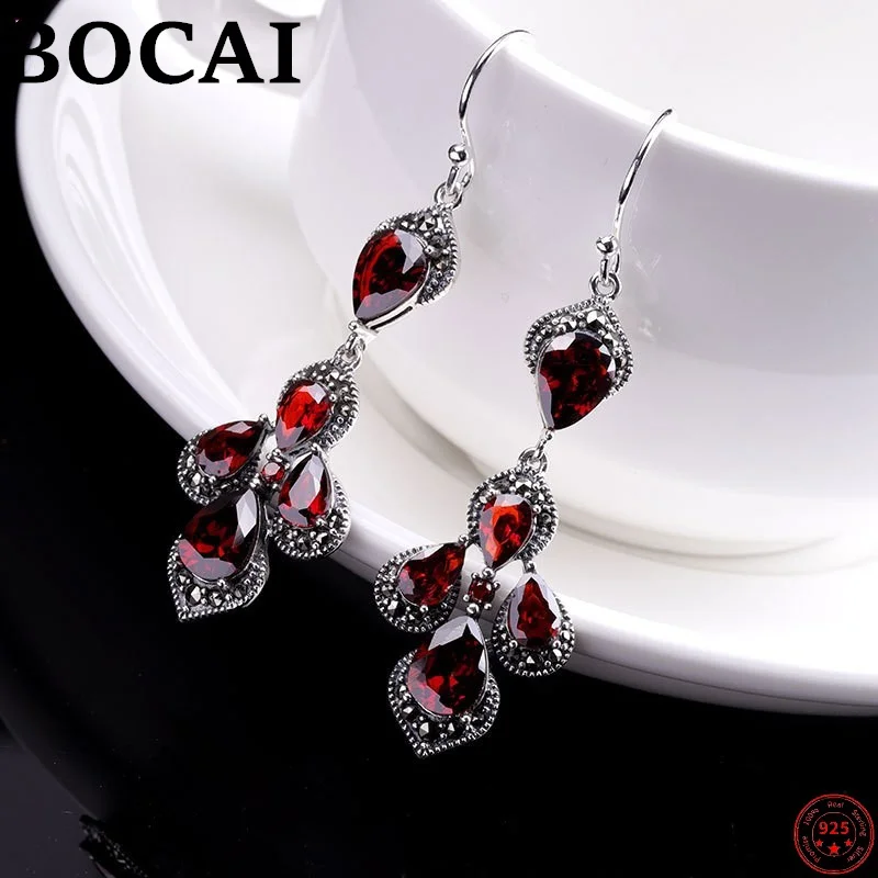 

BOCAI 925 Sterling Silver Ear drop for Women New Fashion Garnet Long Tassel Water Drop Earrings Fashion Jewelry Free Shipping