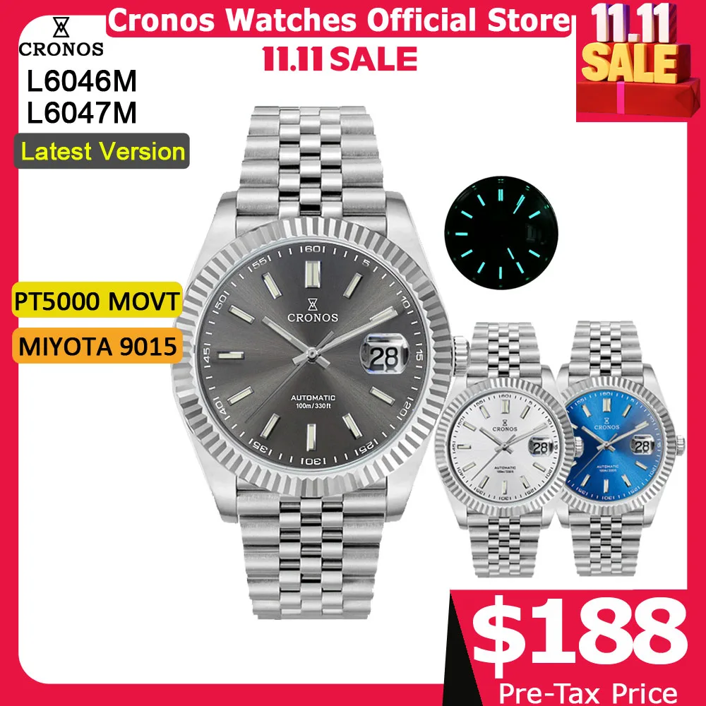 Cronos DateJ Luxury Men Watch Stainless Steel 5 Links Bracelet PT5000 Miyot 9015 100m Water Resistant Sapphire L6046M