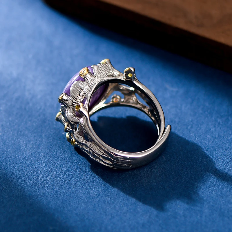 JICAI argento 925 anello da donna gioielli in pietra naturale Charoite rotondo italiano artigianale zircone colore anello da dito Lady