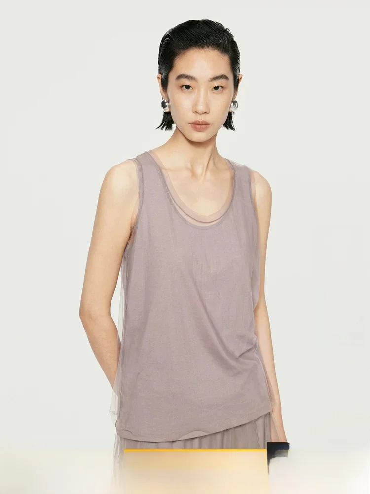 

JNBY Soft Knitted Mixed Fabric Svel round Ne Vest Ele Me Soft Commute Sle Pure Color Straight Cut Autumn 2024