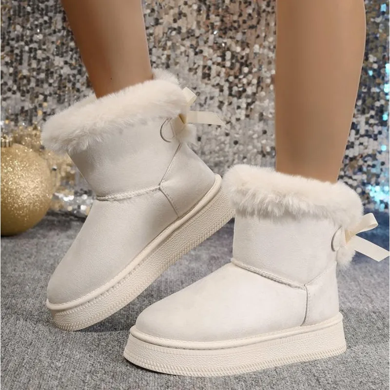 

New Fashionable Bow Round Toe Elegant Snow Boots Winter Flat Wear-resistant Soft Students Plus Velvet Warm Women's Shoes