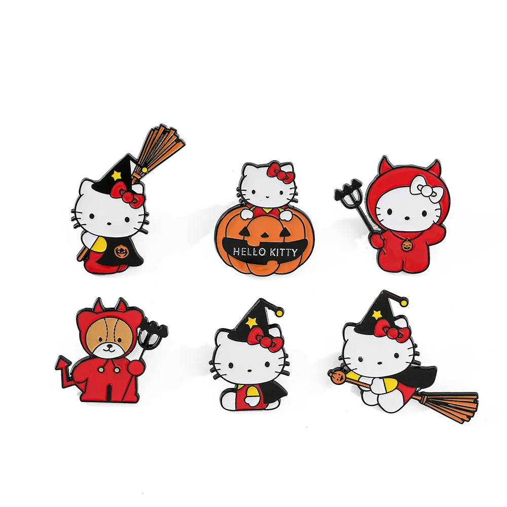 6pcs New Sanrio Hello Kitty Enamel Brooch Cute Cartoon Metal Halloween Styling Cat Alloy Dripping Oil Collar Accessory Pin Gift