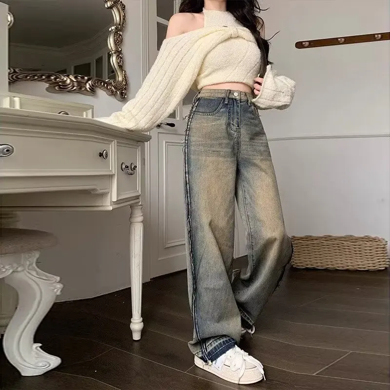 

Autumn Winter New Jeans Women Vintage Baggy High Waist Straight Denim Pants Female Streetwear Gradient Old Y2K Trousers Women