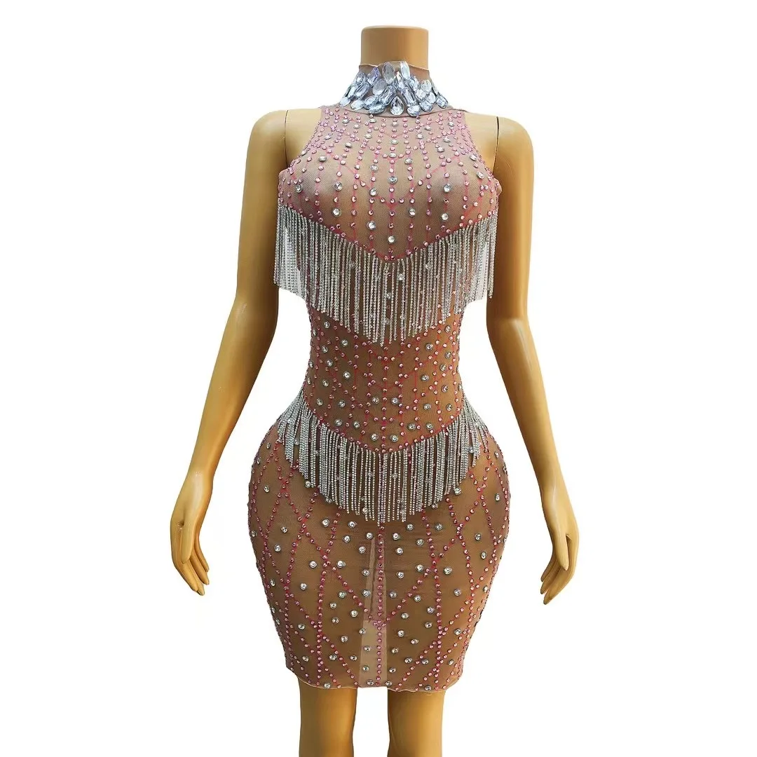 

Silver Pink Rhinestones Crystals Fringes Sleeveless Dress Birthday Celebrate Evening Stones Performance Costume Dance shawang