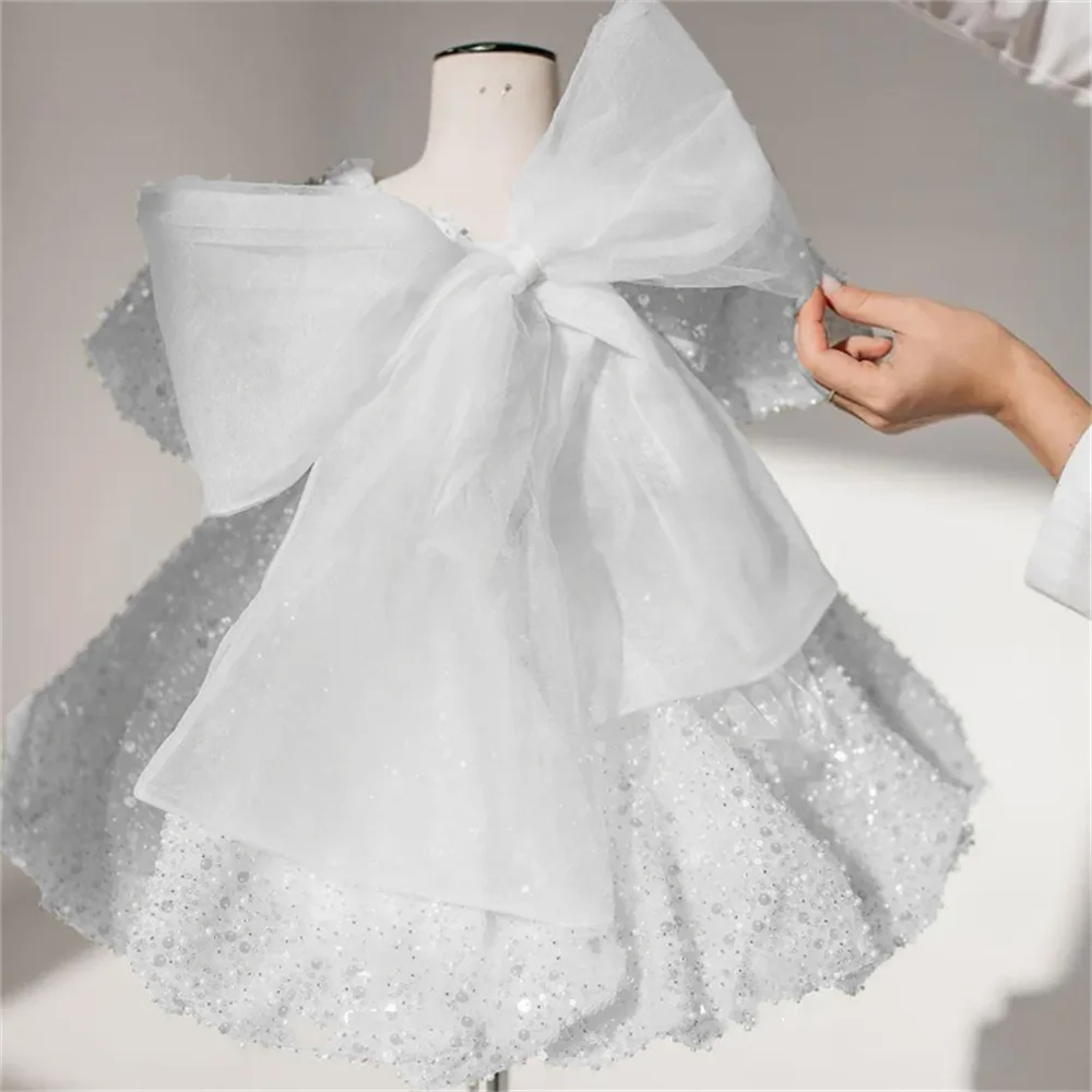 White short sleeves are cute Flower Girl Dresses Sequined Princess  Wedding Party Gowns Spring-summer Gown