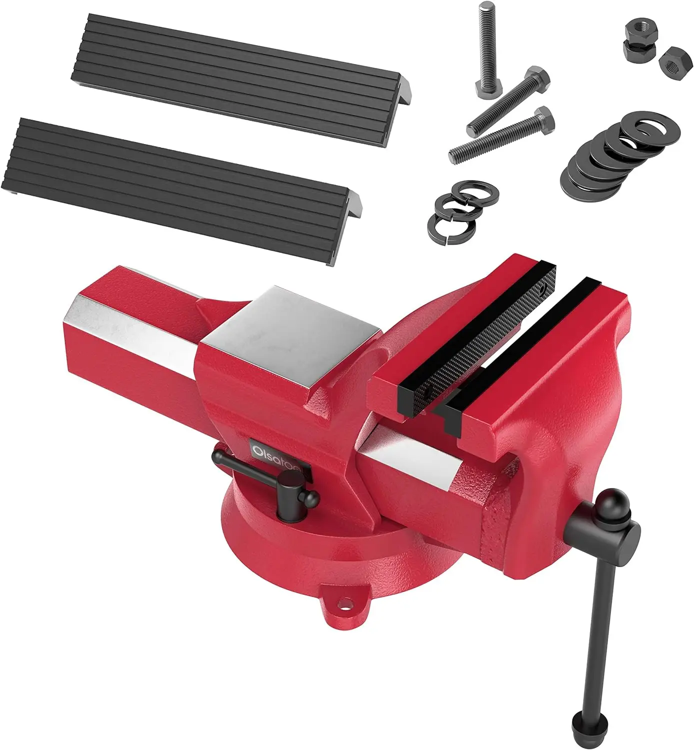 

Olsa Tools 6 Inch Bench Vise 360° Swivel Base 8,800 lb Clamping Force Forged Steel Table Vise Bench Red Benchtop Vise Bonus