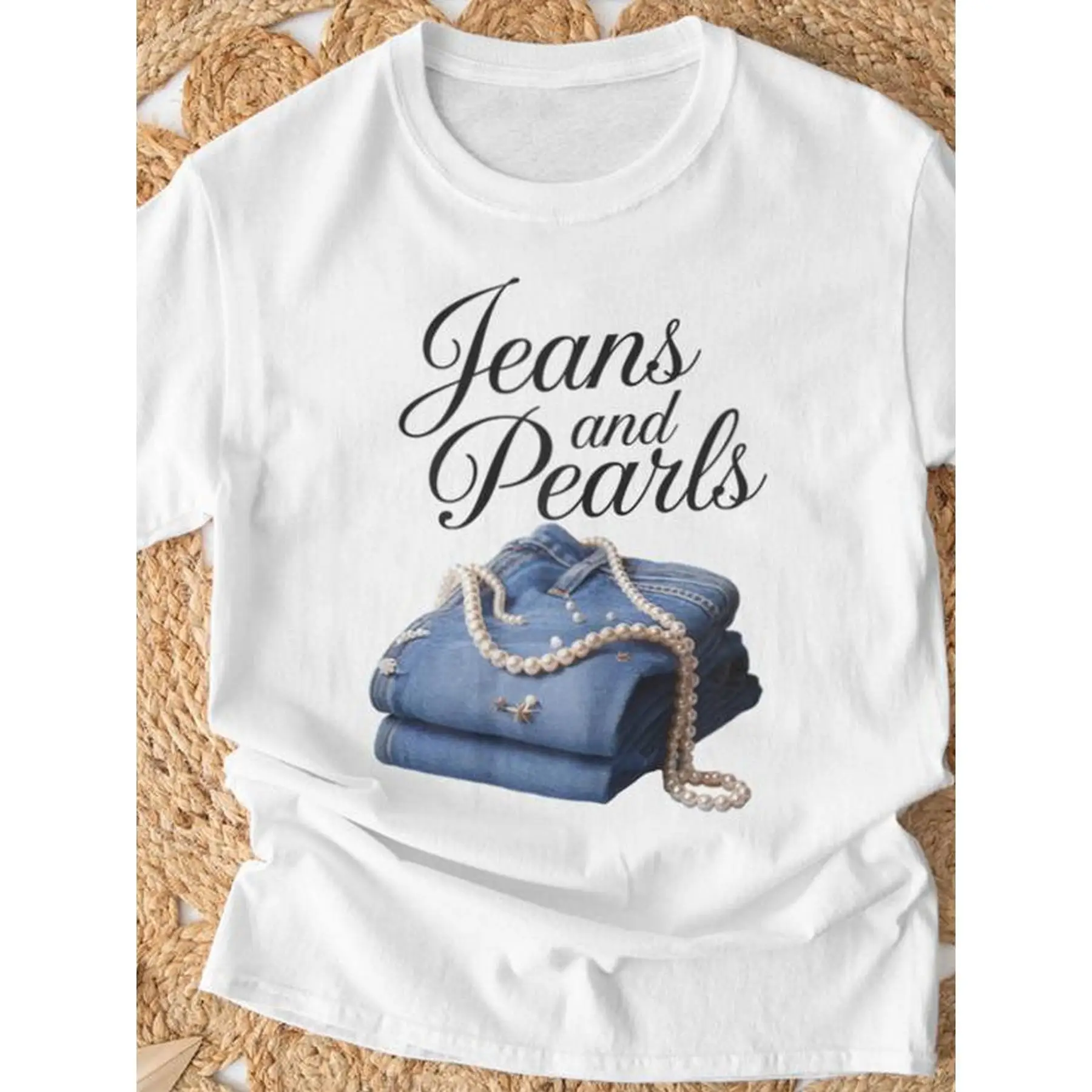 

Women's Jeans And Pearls Graphic T-Shirt Pure Cotton Short Sleeve Round Neck Casual Top Machine Washable Summer Comfort