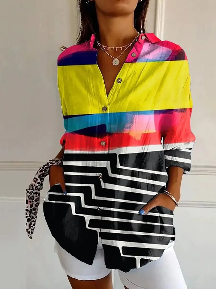 

Модная женская рубашка с длинным рукавом с графическим геометрическим принтом, повседневные обычные топы, рубашки на пуговицах, повседневная одежда, классический дизайн