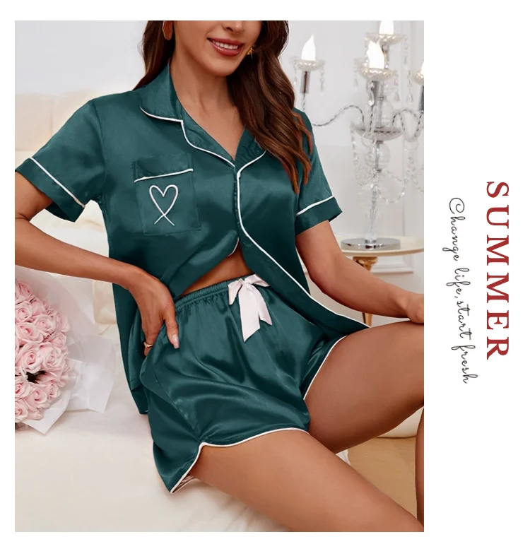 Luxus Satin Seide Damen Pyjama Set Kurzarm Nachtwäsche Freizeit Home Kleidung Nachtwäsche Bequeme Pyjamas für Frauen Pj Set – Detail 16