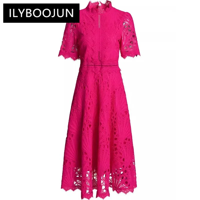 

ILYBOOJUN Fashion Women's Dress Summer Stand Collar Short Sleeve Lace Hollow Out High Waiste Solid Color Dresses