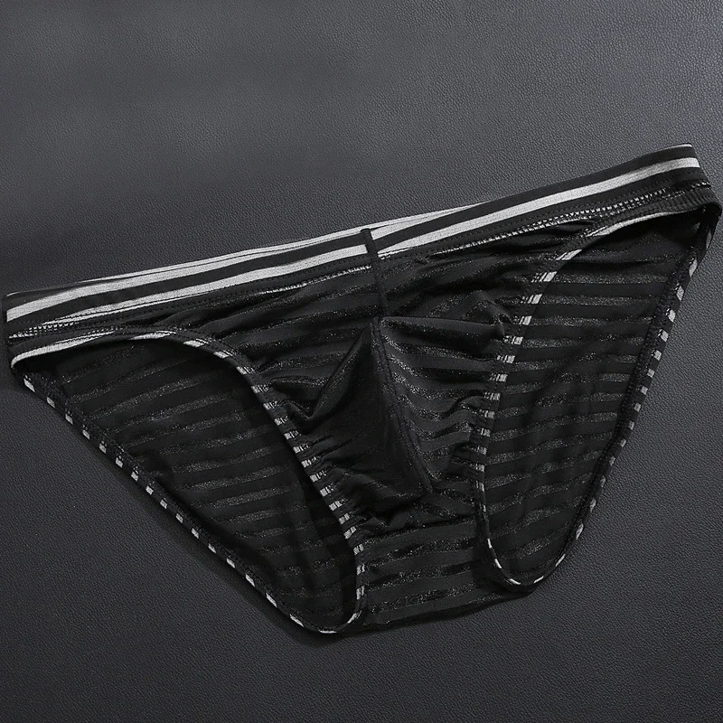 Sexy Stripe Transparent Men Bulge Pouch Briefs Underwear Nylon Underpants Panties Underwear Pump Man Panties Briefs