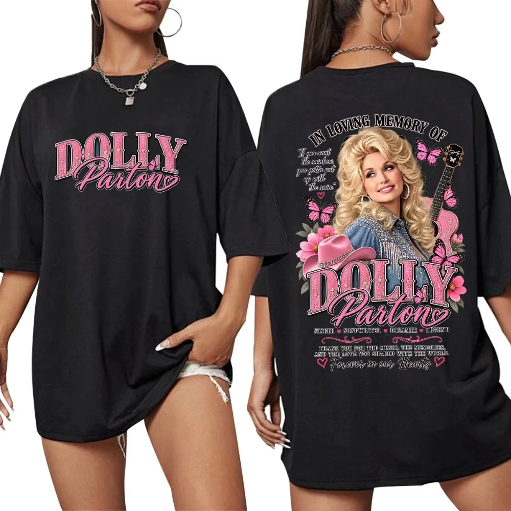 2026 Summer Dolly Parton Portrait Guitar Pink Floral Hot Front Back Print Black T-Shirt Unisex Oversized Country Cotton Tee