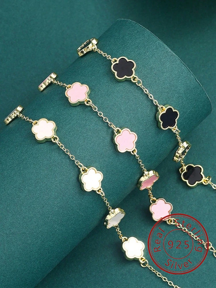 

925 Sterling Silver Classic Romantic Multicolor Five Leaf Flower Bracelet For Women Engagement Wedding High Quality Fine Jewelry