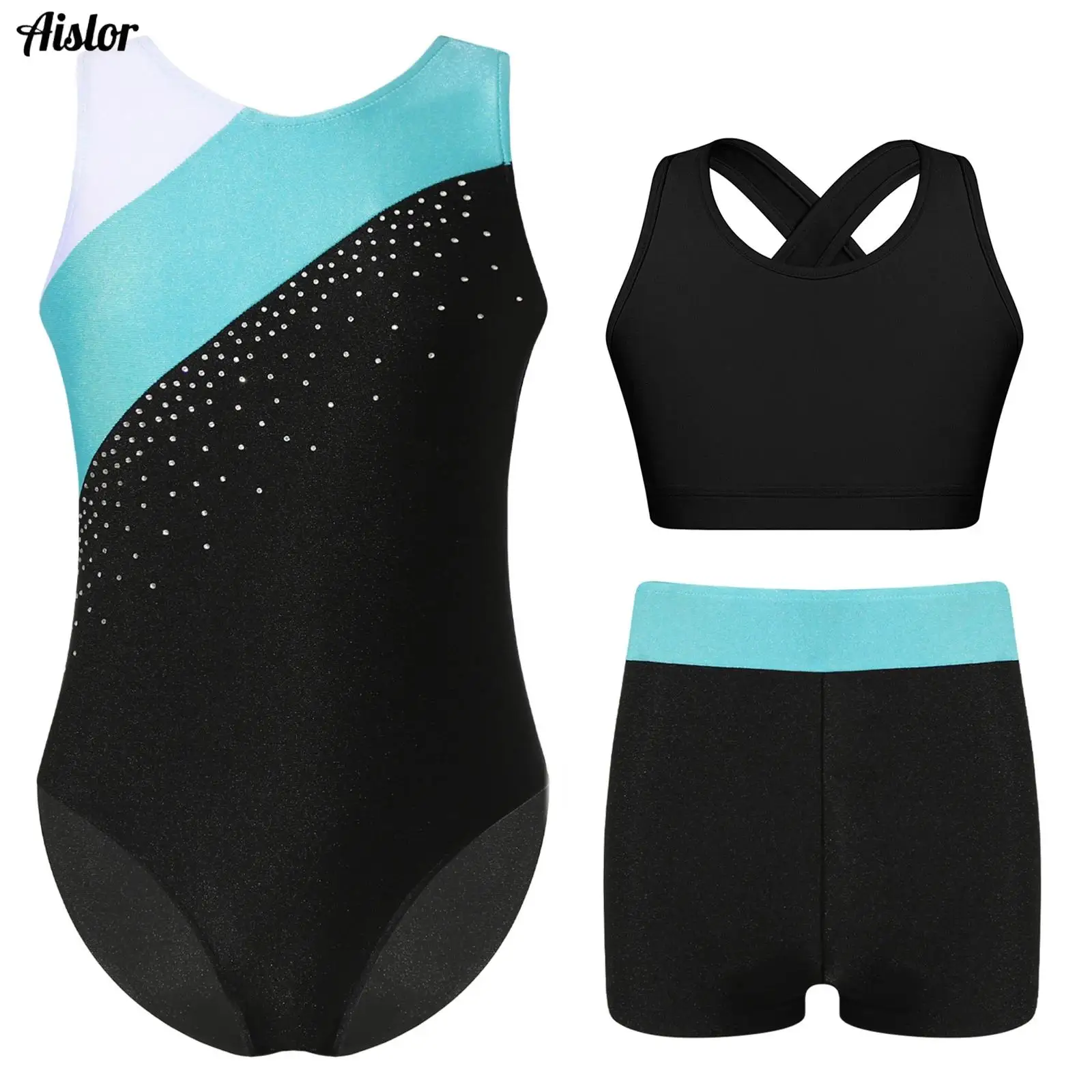 

Kids Girls Gymnastics Dance Clothes 3Pcs/Set Sleeveless Shiny Rhinestone Contrast Color Leotards+Rear U Neck Bra Top+Shorts Set