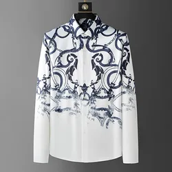 Luxury Court Style Printed Men's Shirt Silk Long Sleeved Casual Business Dress Shirt Banquet Party Stage Performance Costumes