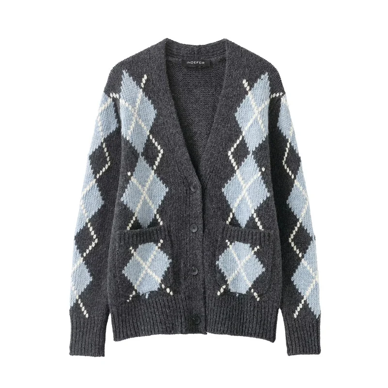 

Women's Jacket 2025 New Fashion Winter Long-Sleeve Wool Diamond-Patterned Knit Jacket for Women Casual Chic Ladies Top