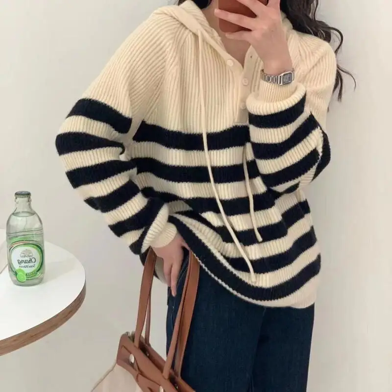 Camisola feminina menina inverno pulôver com capuz camisola de malha listrado bloco de cor manga longa fino ajuste moda topos casual faculdade
