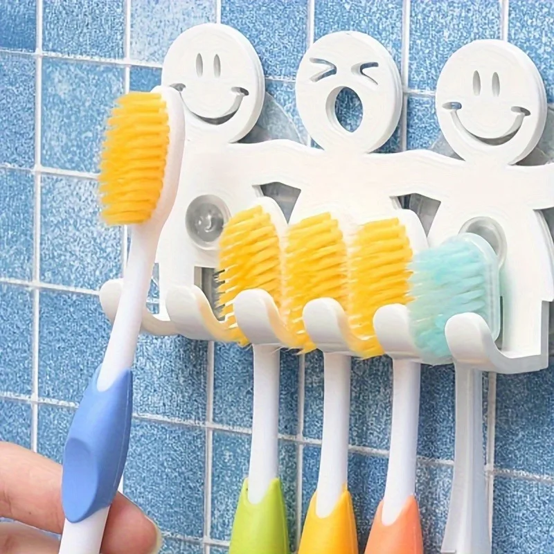 Wall-Mounted Toothbrush Holder with Suction Cup - Cute Cartoon Smile Design, PVC, No Drilling Required, Space-Saving