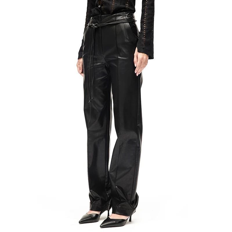 

Bla Slim Straight Leather Pants Women's Street Sle Neutral Partition Splicing Long Casual Trousers by Emp Page