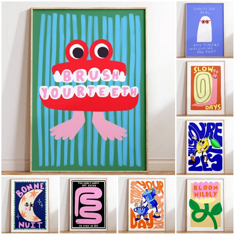 Póster de Baño con Diseño de Fantasma, Pintura en Lienzo con Estampado de Cepillarse los Dientes, Arte de Pared Minimalista para Decoración del Hogar y la Cocina