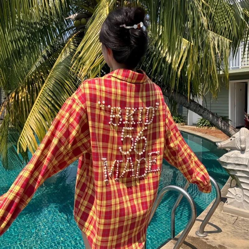 

Женская рубашка E-BAIHUI с буквенным принтом и клетчатым узором, в американском ретро-стиле, с длинными рукавами, летняя, солнцезащитная, на пуговицах