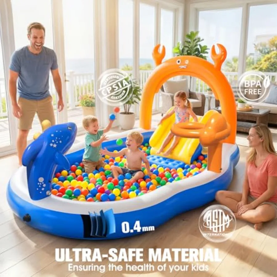 Backyard toddler pool with water slide sprinkler, PVC inflatable play center in blue and yellow, extra-large 120x70x50 splash p view 6