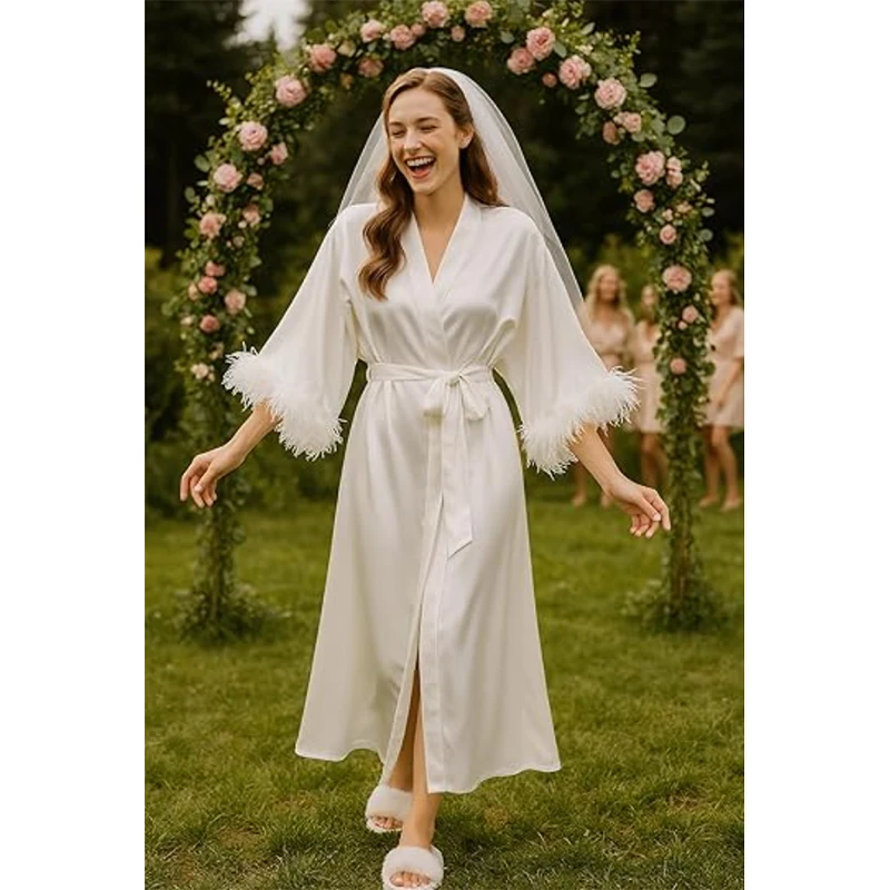 

Feather Robe Long Cardinal Red Bridal Lingerie Softest Bridal Robe with Feather Boudoir Silk Kimono Bridesmaid Dressing Gown New