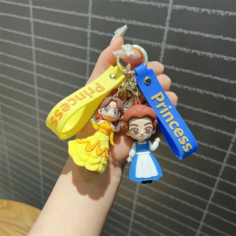 Disney Cartoon Beauty And Beast Keychain For Bags Cute Cartoon Princess Labelle Prince Couple Phone Pendant Christmas Gifts