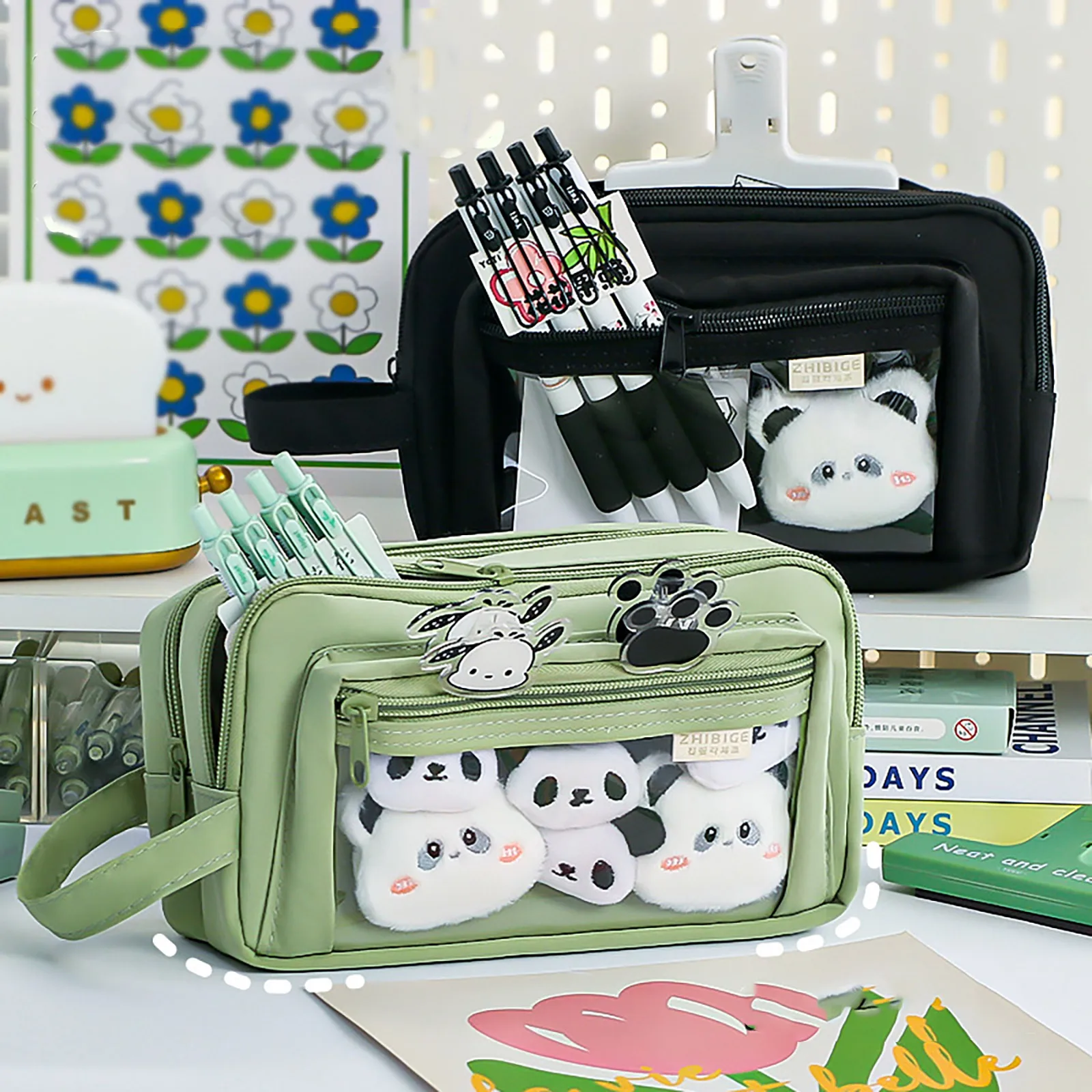 Clear Pencil Pouch Kawaii Itabag Pencil Case Double Layer Zipper Pen Bag with Handle for Student,Office