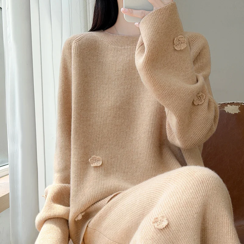 Gentle lazy wind three-dimensional flowers 100% cashmere knitting suit loose two-piece sweater skirt
