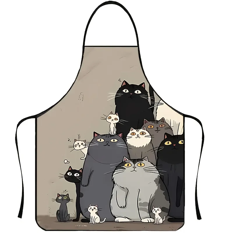 Funny Group Cats Cartoon Print Apron Waterproof Fat Cat Animal Theme Kitchen Cooking Bib for Men Women Household Cover